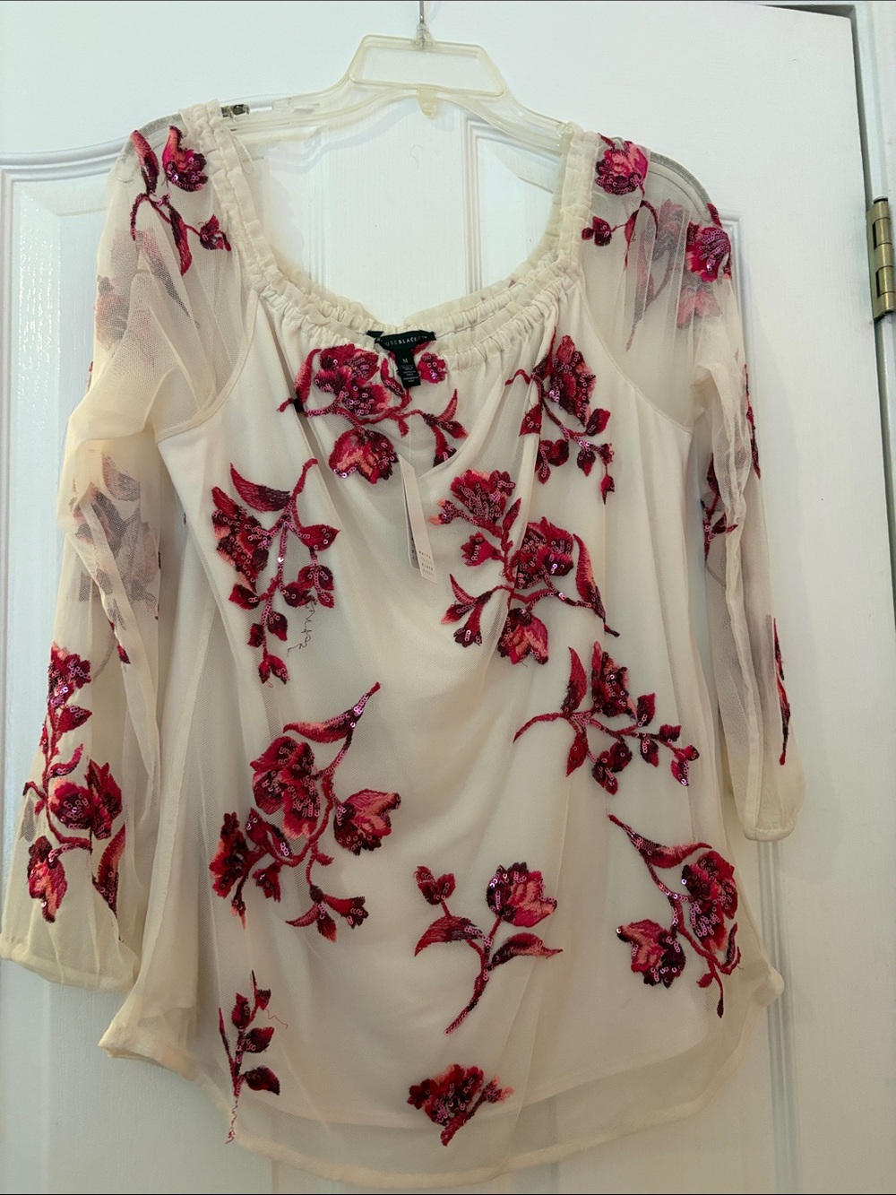 White House Black Market: Embroidered Women’s Blouse with Pink